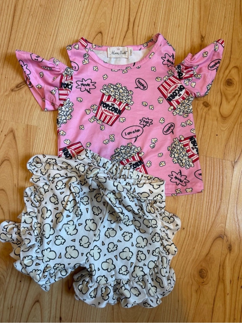 Mini Heart Popcorn Print Kids Matching Set - Pink Top & Cream Shorts